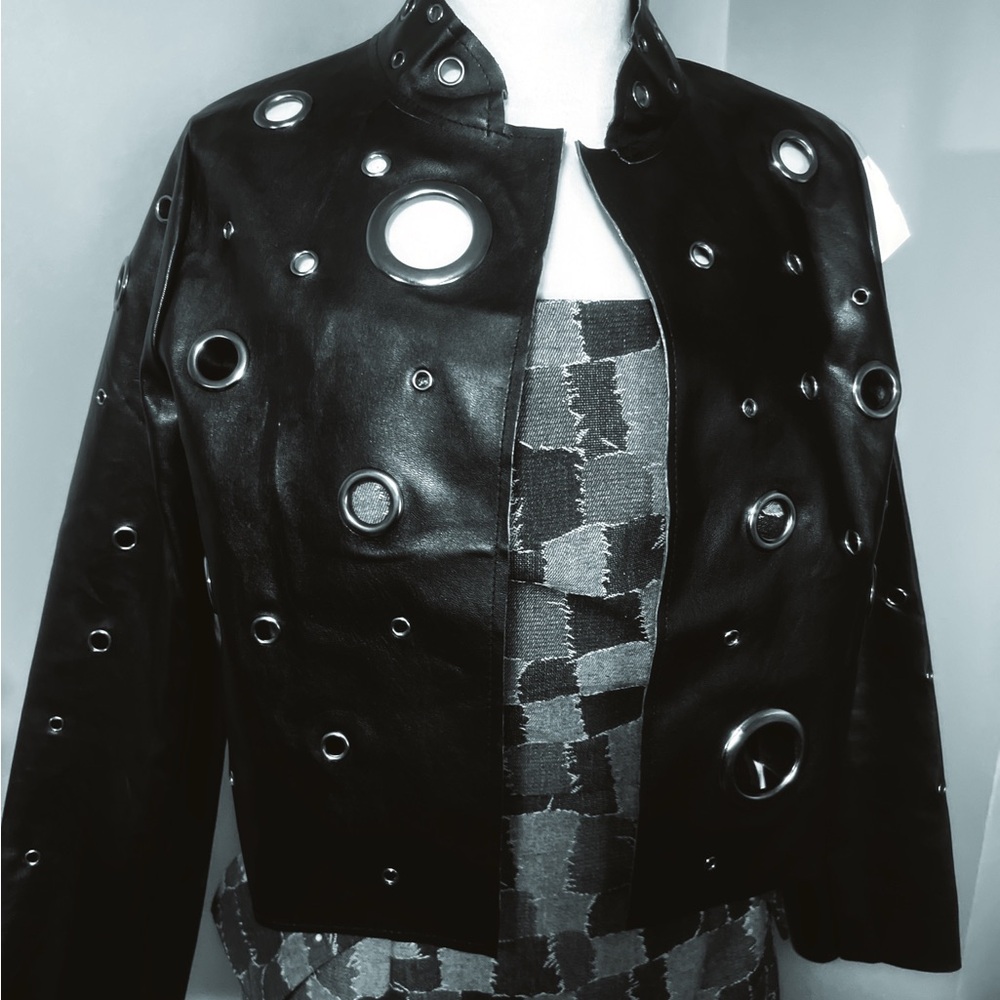 Black Leather Jacket with Edgy Metallic Details